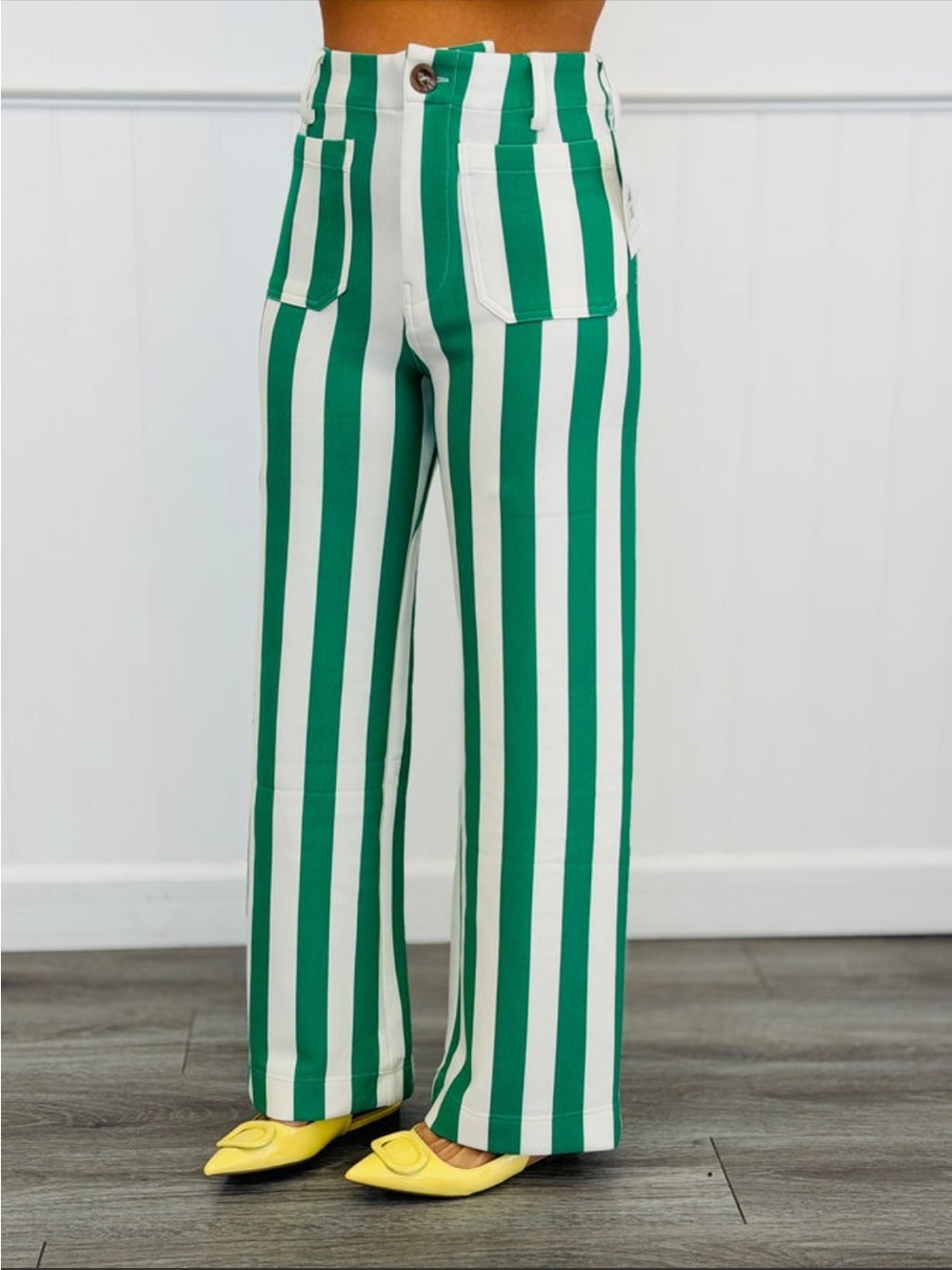 Entro High-Rise Wide Leg Stripe Pants - Green & White